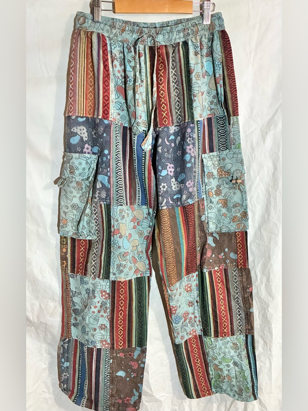 Kathmandu Patchwork Pants S/M Drawstring Mushrooms Pockets Festival Boho Hippie - Picture 12 of 12